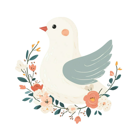 cream bird, sage green wings, coral pink, peach, dusty rose, cream white, teal leaves, floral wreath, botanical, nature, bird illustration, whimsical, spring, garden, peaceful, gentle, soft colors, feminine, decorative, baby quilt, nursery, wall hanging, romantic, watercolor style, hand-painted feel, flowers and leaves, ornamental bird, cottage core, vintage inspired, natural elements