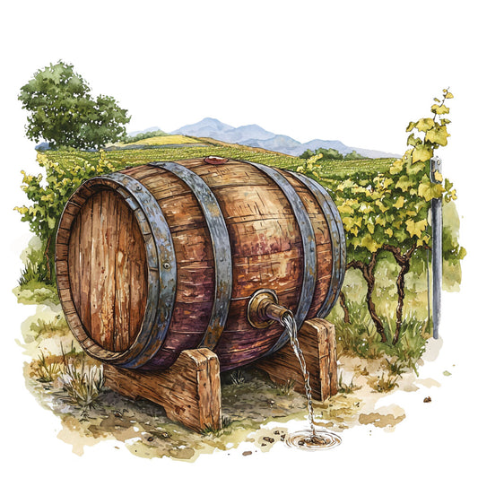 wooden barrel, vineyard landscape, wine country, rolling hills, grapevines, mountain backdrop, earthy browns, forest greens, golden yellows, watercolor style, rustic scene, wine spigot, fabric panel, quilting cotton, countryside vista, pastoral setting, aged wood, metal bands, flowing wine, vintage illustration