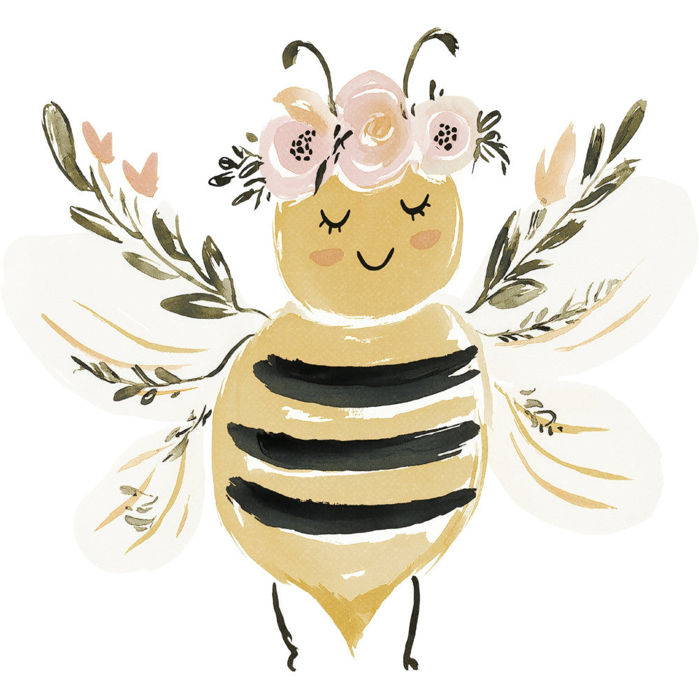bee, honey bee, floral, flowers, nature, animals, insects, whimsical, cute, children's, baby, cream, yellow, gold, pale pink, blush pink, black, sage green, olive green, botanical, leaves, wheat, garden, spring, summer, cheerful, playful, modern, sweet, nursery