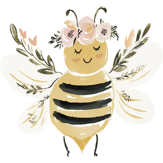 bee, honey bee, floral, flowers, nature, animals, insects, whimsical, cute, children's, baby, cream, yellow, gold, pale pink, blush pink, black, sage green, olive green, botanical, leaves, wheat, garden, spring, summer, cheerful, playful, modern, sweet, nursery
