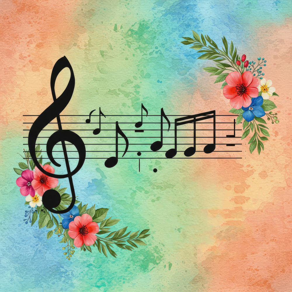 music notes, treble clef, floral, musical, flowers, spring, colorful, watercolor, coral pink, red flowers, blue flowers, yellow flowers, green leaves, botanical, whimsical, artistic, nature, melody, song, music themed, pastel, gradient background, peach, turquoise, decorative, elegant, wall art, music lover, artistic panel