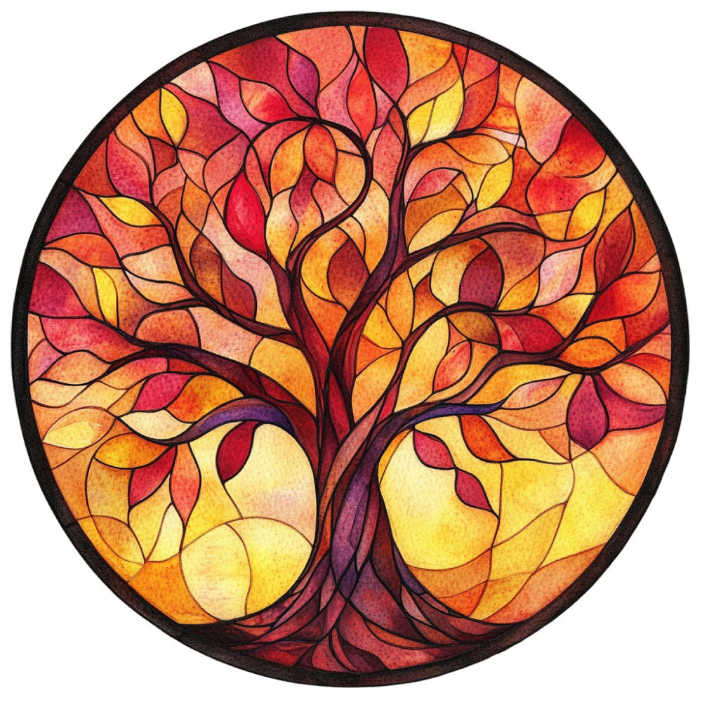 autumn tree, fall colors, stained glass, tree of life, orange, red, yellow, golden yellow, burnt orange, crimson, deep red, coral, rust, nature, woodland, seasons, autumn leaves, leaf pattern, abstract tree, modern, bohemian, elegant, warm tones, home decor, wall hanging, round panel, circular design, watercolor effect, artistic, seasonal