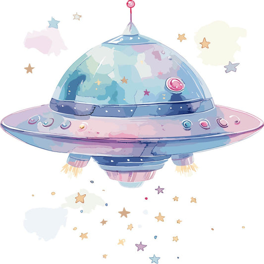 pastel blue, soft pink, lavender, pale yellow, celestial, space, ufo, flying saucer, whimsical, stars, clouds, dreamy, fantasy, children's, baby, nursery, magical, outer space, sci-fi, alien, cute, playful, modern, colorful, gender-neutral, kids fabric, wall hanging, baby quilt, bedding, apparel