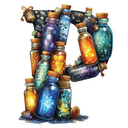 celestial, magical potions, glowing bottles, mystical, whimsical, fantasy, dark navy, deep purple, emerald green, amber gold, warm yellow, cork stoppers, luminescent, enchanted, spell bottles, dark academia, gothic, alchemy, steampunk, adventure, storybook, illustration, character panel, children's, magical creatures, sparkles, glowing lights, rope accents, potion vials