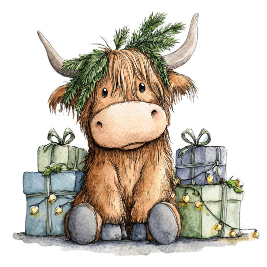 Vintage Christmas Highland Cows Fabric Panel 24