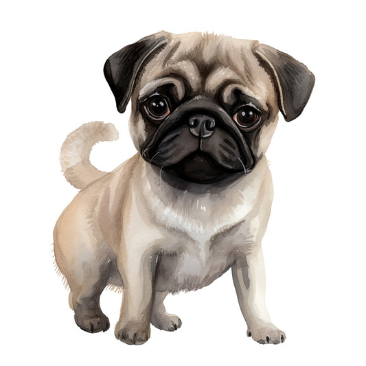 Watercolor Pug Fabric Panel 3 featuring a detailed, hand-painted style pug illustration printed on premium quilting cotton.