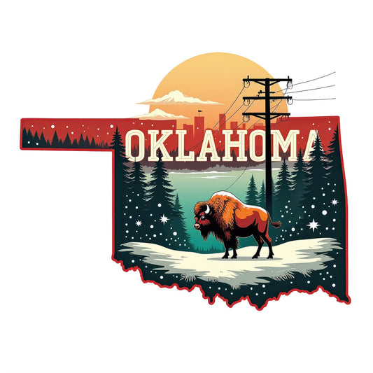 Christmas US States Fabric Panel 15 featuring Oklahoma silhouette, buffalo, pine trees, and sunset on premium quilting cotton fabric.