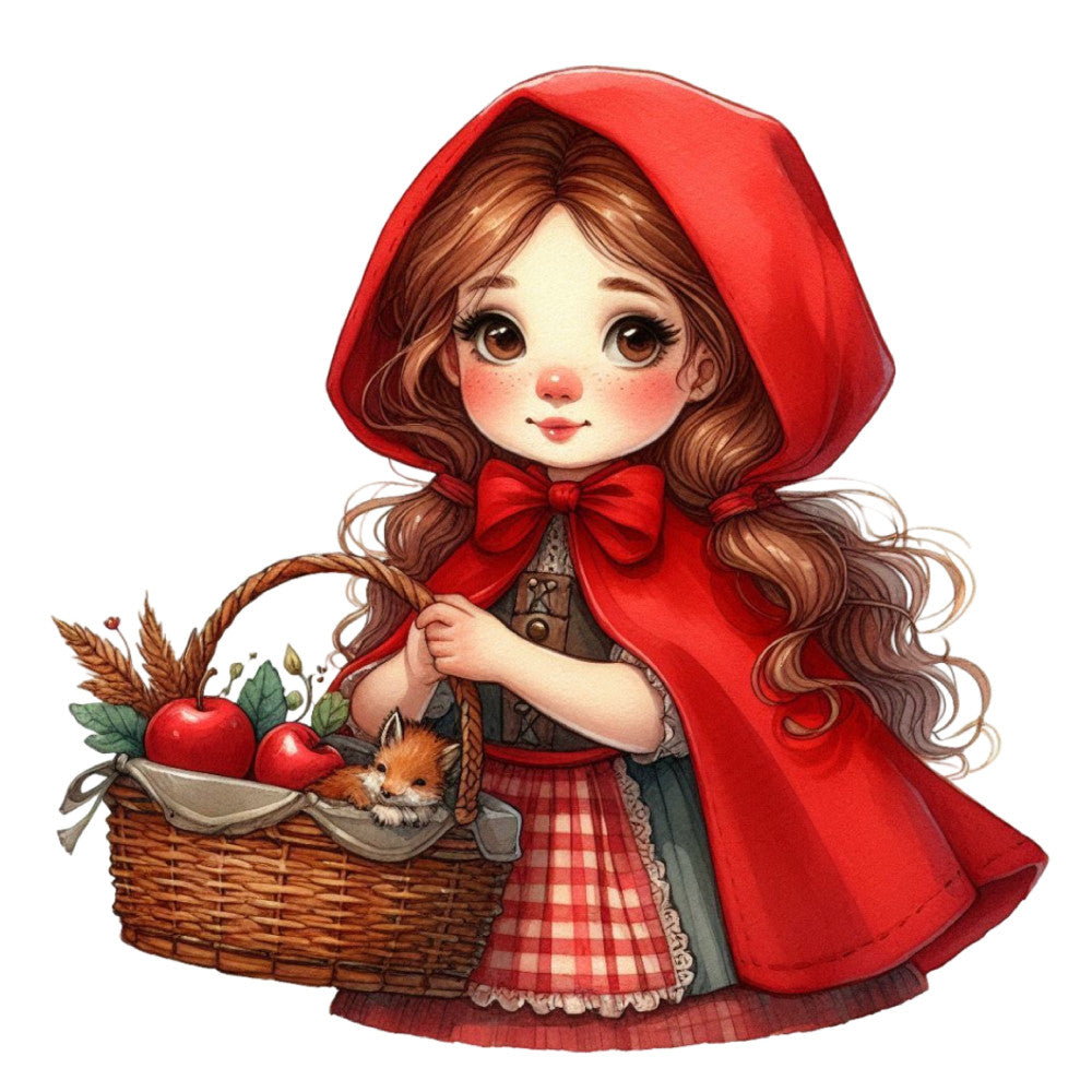 red riding hood, fairy tale, storybook, children's illustration, red cape, basket, apples, woodland, forest animals, fox, vintage fairy tale, classic literature, nursery, children's fabric, red, cream, brown, forest green, wheat, plaid, gingham, whimsical, storybook characters, girl illustration, charming, nostalgic, traditional, illustrated characters, children's quilt, wall hanging