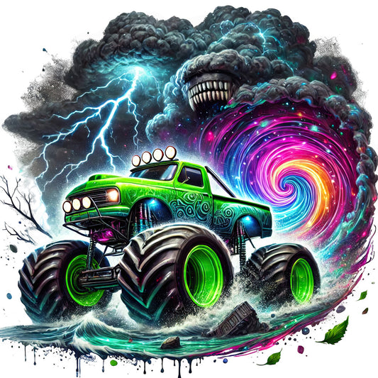 lime green, neon green, cyan blue, electric blue, magenta, hot pink, purple, dark gray, charcoal, rainbow, monster truck, vehicle, automotive, supernatural, mystical, cosmic, abstract, modern, whimsical, edgy, bold, vibrant, high-energy, lightning bolt, swirling vortex, celestial, sci-fi, fantasy, glow-in-the-dark effect, youth-oriented