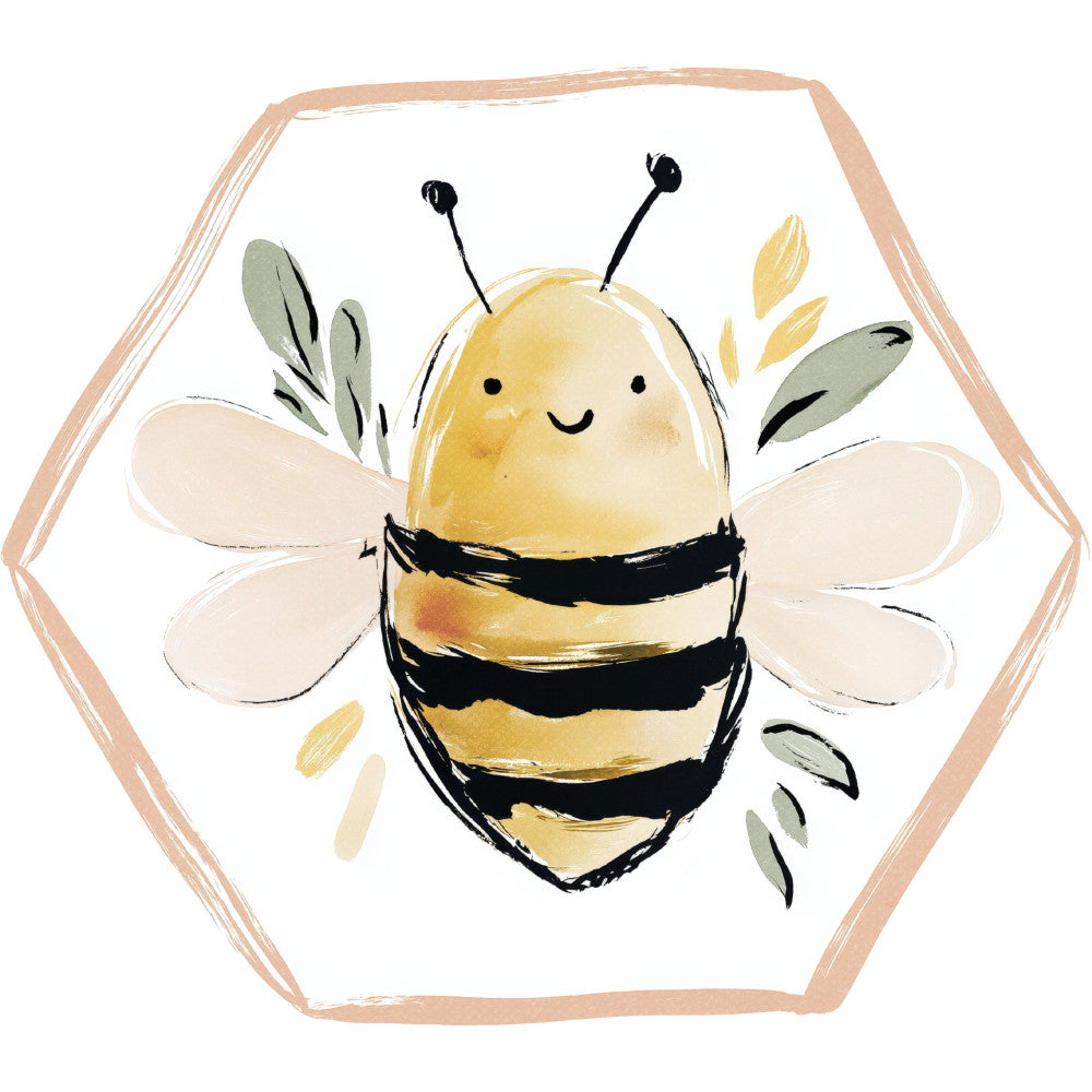 bee, honeycomb, honey yellow, cream, pale yellow, soft yellow, black stripes, sage green, natural green, botanical, floral, nature, insects, whimsical, cute, cheerful, spring, summer, children's, baby, friendly, sweet, garden theme, pollinator, leaf motifs, hand painted style, watercolor, illustration, nursery, nature lover