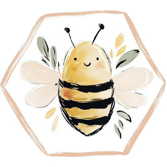 bee, honeycomb, honey yellow, cream, pale yellow, soft yellow, black stripes, sage green, natural green, botanical, floral, nature, insects, whimsical, cute, cheerful, spring, summer, children's, baby, friendly, sweet, garden theme, pollinator, leaf motifs, hand painted style, watercolor, illustration, nursery, nature lover