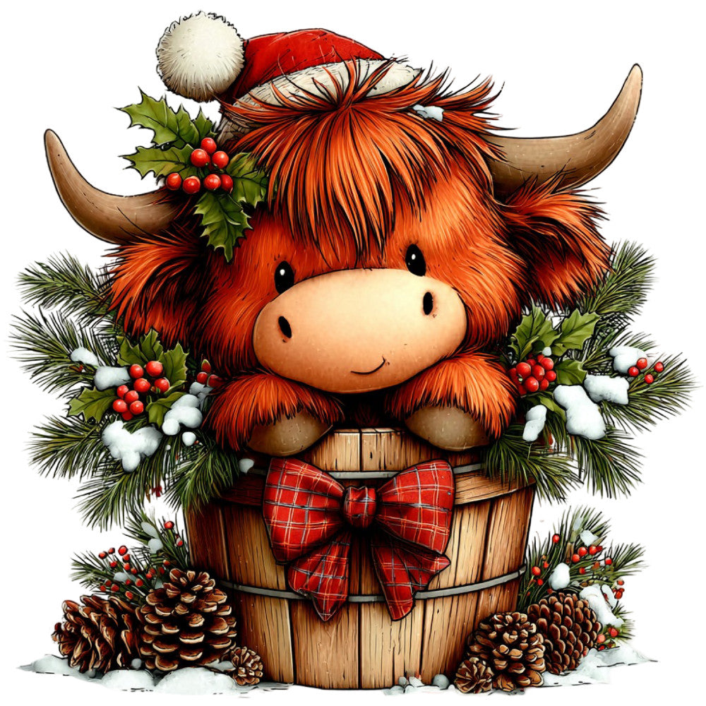 christmas, highland cattle, red, orange, rust, cream, plaid, tartan, holiday, festive, winter, rustic, whimsical, farmhouse, scottish, buffalo check, santa hat, holly, berries, pinecones, evergreen, animals, cattle, cute, charming, traditional, cozy, seasonal, decorative, folk art