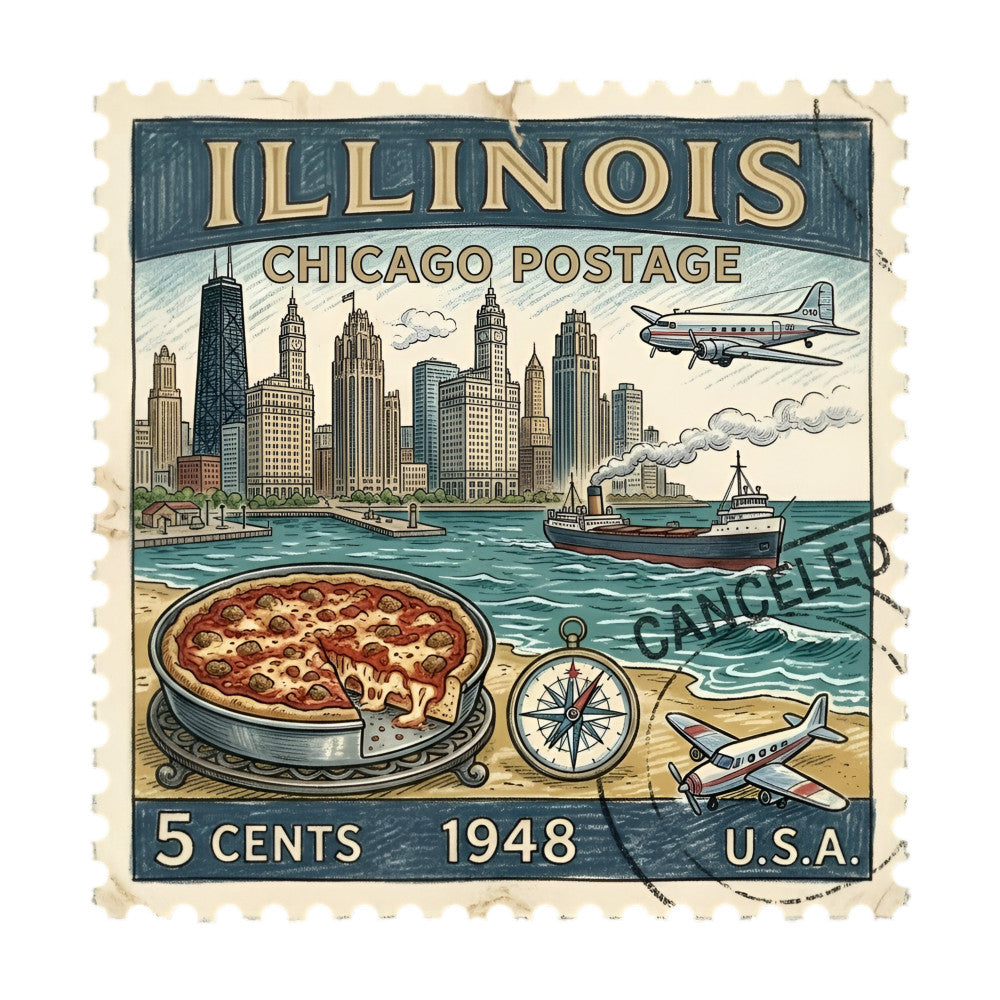 vintage postage stamp, chicago skyline, 1948, retro, navy blue, cream, teal blue, rust red, mid-century, transportation, airplane, ship, nautical, pizza, compass rose, Art Deco, postal theme, travel, nostalgia, americana, industrial, city scene, vintage advertisement, collectible, whimsical, wall hanging, home decor, novelty print