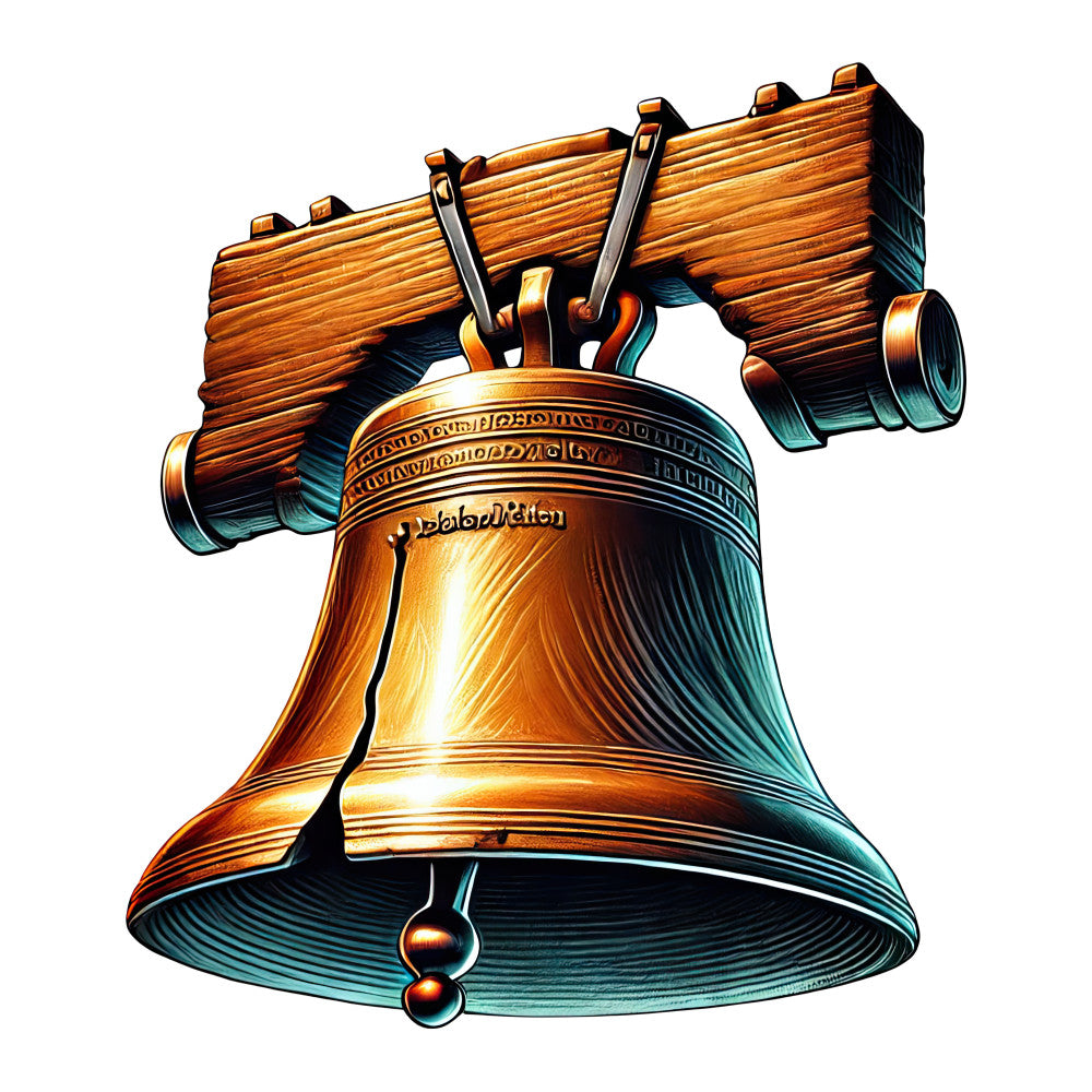 liberty bell, colonial history, bronze metallic, copper tones, teal accents, golden highlights, wooden beam, patriotic symbol, american heritage, fabric panel, quilting cotton, historical landmark, revolutionary war, independence theme, metallic sheen, antique finish, colonial period, freedom bell, philadelphia icon, heritage fabric