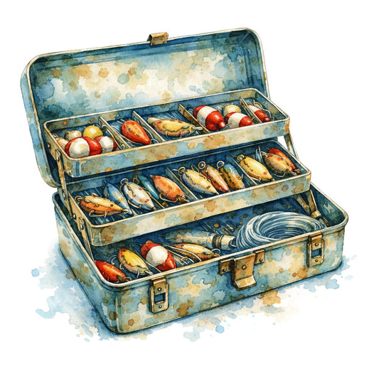 fishing lures, tackle box, vintage fishing, nautical, fishing theme, sports fishing, rustic, cottage core, blue and cream, rust red, gold accents, fish motifs, bobbers, fishing equipment, outdoor adventure, mens interests, nostalgic, retro, weathered, antique, fishing gear, recreational sports, hobbies, masculine, vintage sports, americana, cabin decor, lake house, coastal, heritage