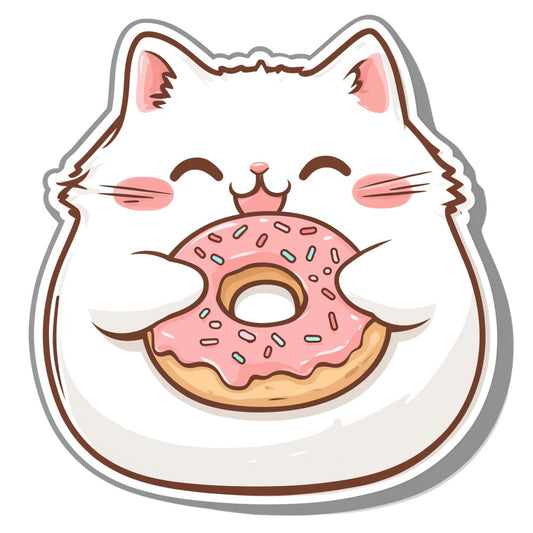 cat, donut, pink, brown, white, cream, cute, kawaii, whimsical, playful, food, dessert, animals, sweet, chubby cat, happy face, smiling, closed eyes, sprinkles, pastry, modern, fun, cheerful, child-friendly, nursery, baby, food theme, cartoon, illustrated, decorative