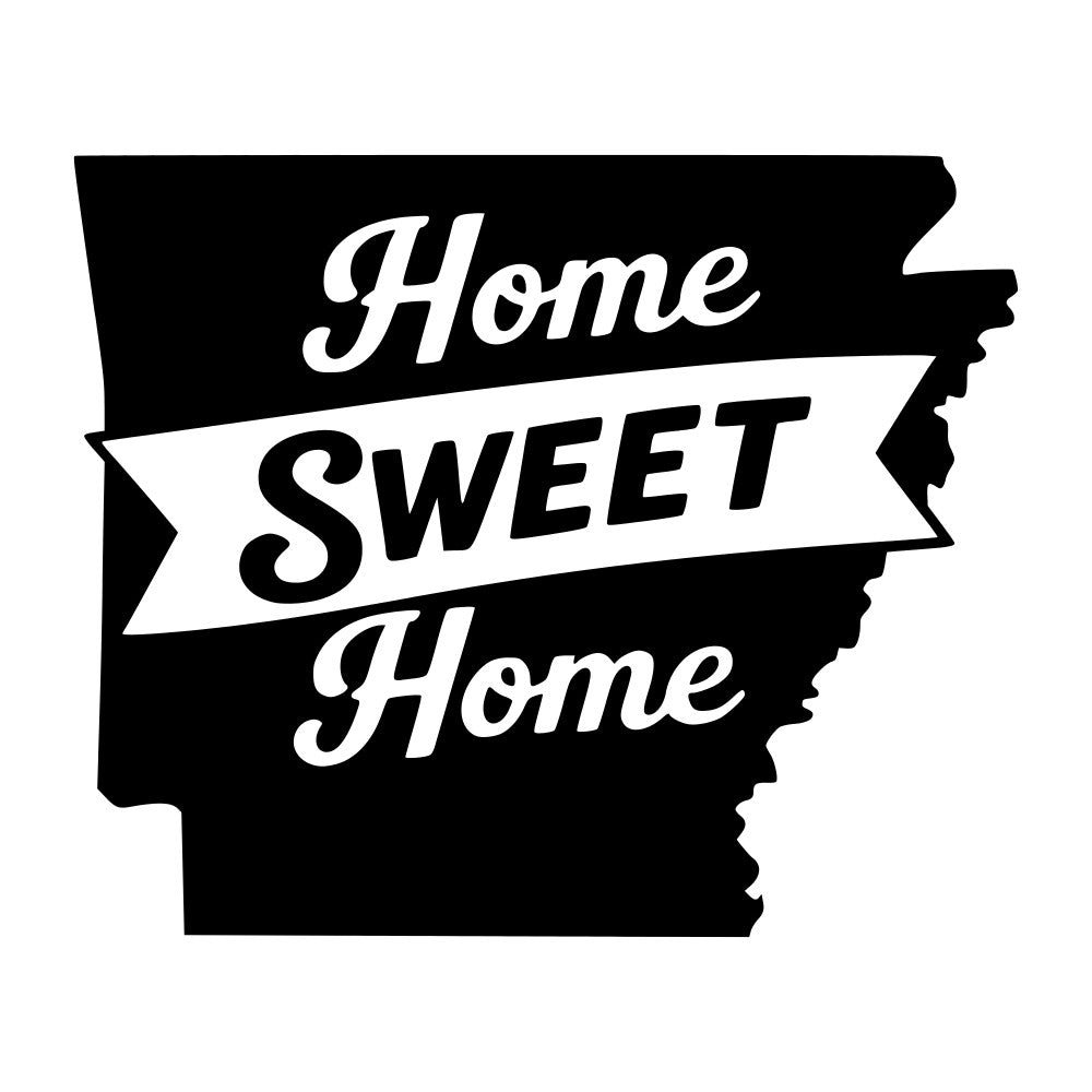 home sweet home, arkansas state, black and white, typography, text, banner, ribbon, vintage, rustic, farmhouse, state pride, regional, americana, inspirational, motivational, home decor, wall hanging, quilt panel, monochrome, bold text, classic style, traditional, patriotic, americana theme, home sentiment, decorative text, state silhouette, bold design
