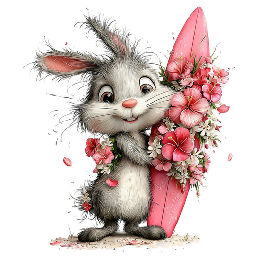 cute rabbit, bunny, coral pink, rose pink, cream white, gray, whimsical, spring, floral, flowers, hibiscus, nature, animals, woodland, easter, children's, sweet, playful, surfboard, beach, coastal, feminine, decorative, charming, illustrated, vintage whimsy, pastel, panel design, novelty print