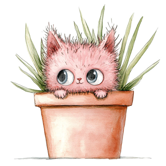 pink cat, whimsical cat, cute cat, cat face, green plants, potted plant, terracotta pot, animal theme, cat illustration, playful cat, big eyes, cat lover, botanical, plant lover, nature theme, whimsical style, children's, kids fabric, nursery, baby, illustrated cat, green leaves, striped leaves, cat and plants, humorous, folk art, watercolor style, soft pink, dusty rose, sage green