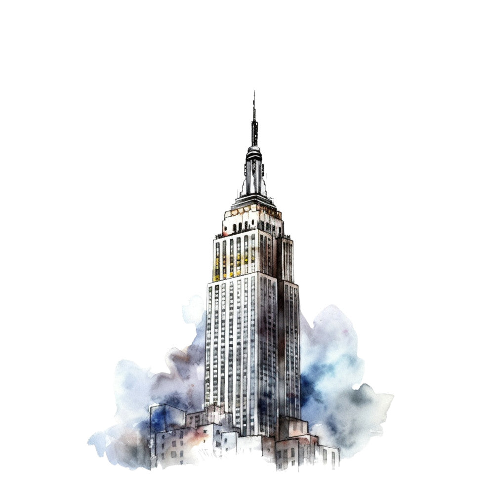 empire state building, new york city, skyline, architecture, urban, watercolor, ink wash, monochromatic, gray, charcoal, blue gray, cream, beige, building, skyscraper, vintage, retro, nostalgic, cityscape, travel, wanderlust, americana, illustration, artistic, elegant, sophisticated, home decor, wall hanging, art quilt