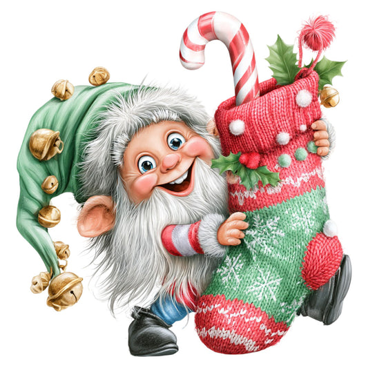 christmas, holiday, gnome, santa, elf, whimsical, festive, red, green, white, gold, candy cane, jingle bells, striped, knitted texture, winter, seasonal, decorative panel, novelty, playful, cheerful, vintage christmas, traditional christmas, retro style, peppermint, holly, festive character, dimensional print