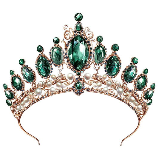 emerald green, forest green, pearl white, rose gold, cream, oval gems, faceted stones, crown, tiara, royal, elegant, vintage, ornate, jeweled, baroque, regal, luxury, pearls, gemstone, majestic, sophisticated, formal wear, pageant, princess, costume, embellished, decorative motifs, intricate detail, metallic gold