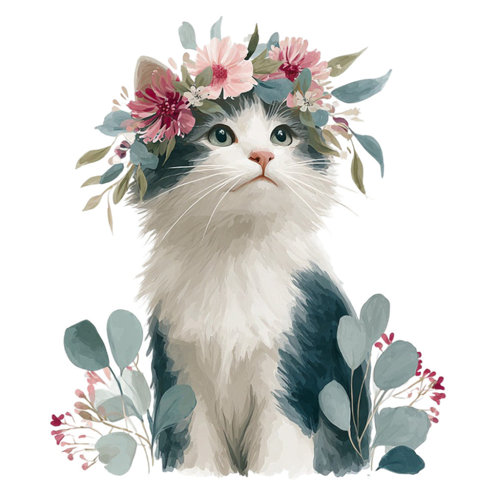 cat, kitten, floral, flowers, gerbera daisies, pink flowers, burgundy flowers, eucalyptus, greenery, botanical, nature, animal, whimsical, sweet, cute, feminine, spring, summer, garden, leaves, foliage, blush pink, dusty rose, mauve, sage green, teal green, cream, white, gray, grey and white