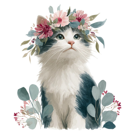 cat, kitten, floral, flowers, gerbera daisies, pink flowers, burgundy flowers, eucalyptus, greenery, botanical, nature, animal, whimsical, sweet, cute, feminine, spring, summer, garden, leaves, foliage, blush pink, dusty rose, mauve, sage green, teal green, cream, white, gray, grey and white