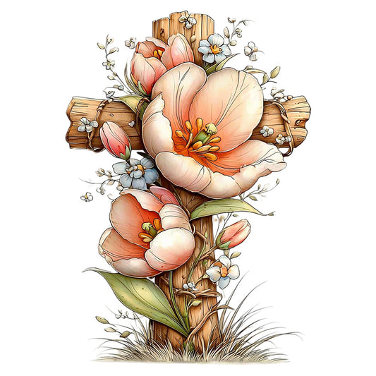 peach flowers, coral blooms, wooden cross, rustic wood, small white flowers, green leaves, orange stamens, floral arrangement, religious motif, fabric panel, quilting cotton, watercolor style, soft pastels, botanical design, spring flowers, faith themed, cotton fabric, delicate petals, natural elements, inspirational imagery