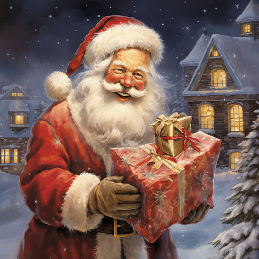 santa claus, christmas gifts, red suit, white beard, snowy night, winter scene, fabric panel, quilting cotton, holiday theme, presents, wrapped gifts, snow-covered houses, starry sky, festive illustration, seasonal fabric, christmas crafting, jolly santa, winter village, holiday sewing, red and gold