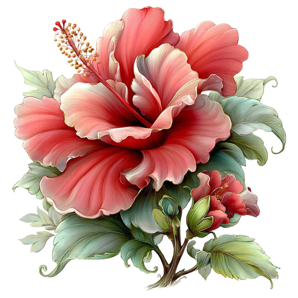 coral pink, crimson red, cream white, sage green, olive green, botanical, floral, hibiscus, roses, layered petals, nature, vintage botanical, elegant, romantic, garden flowers, spring, summer, traditional, illustration style, detailed, ornamental, nature inspired, blossom, flowering plants, decorative, timeless, classical
