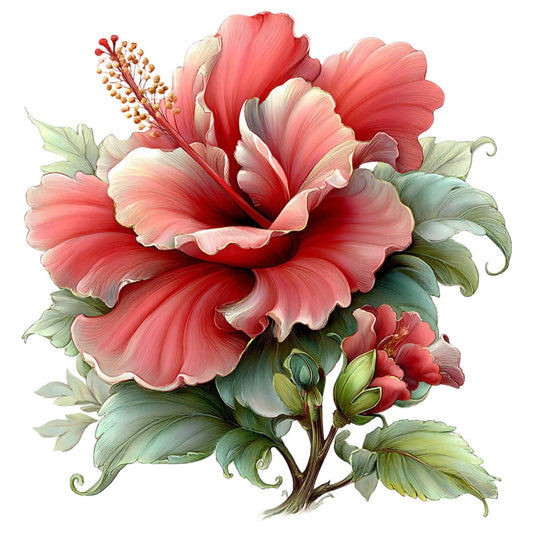 coral pink, crimson red, cream white, sage green, olive green, botanical, floral, hibiscus, roses, layered petals, nature, vintage botanical, elegant, romantic, garden flowers, spring, summer, traditional, illustration style, detailed, ornamental, nature inspired, blossom, flowering plants, decorative, timeless, classical