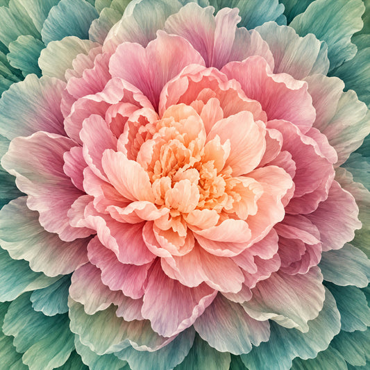 coral pink, peach, salmon, blush pink, rose pink, dusty rose, teal, sage green, mint green, cream, ivory, floral, peony, bloom, blossom, botanical, nature, elegant, romantic, vintage, garden, spring, summer, layered petals, full bloom, delicate, soft, botanical illustration, nature-inspired, wall hanging
