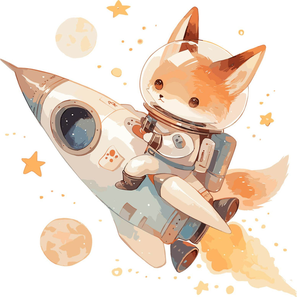 space fox, astronaut animals, celestial theme, whimsical, cute animals, orange, cream, tan, beige, soft colors, pastel, stars, moon, planets, rocket ship, space exploration, adventure, children's fabric, baby quilt, nursery, modern whimsical, kawaii style, fantasy, illustrated animals, animal characters, cosmic theme, playful design, gender neutral, adventure theme