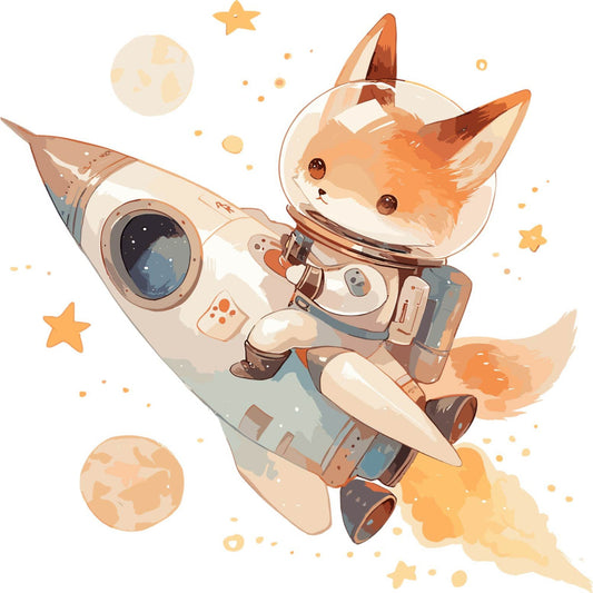 space fox, astronaut animals, celestial theme, whimsical, cute animals, orange, cream, tan, beige, soft colors, pastel, stars, moon, planets, rocket ship, space exploration, adventure, children's fabric, baby quilt, nursery, modern whimsical, kawaii style, fantasy, illustrated animals, animal characters, cosmic theme, playful design, gender neutral, adventure theme