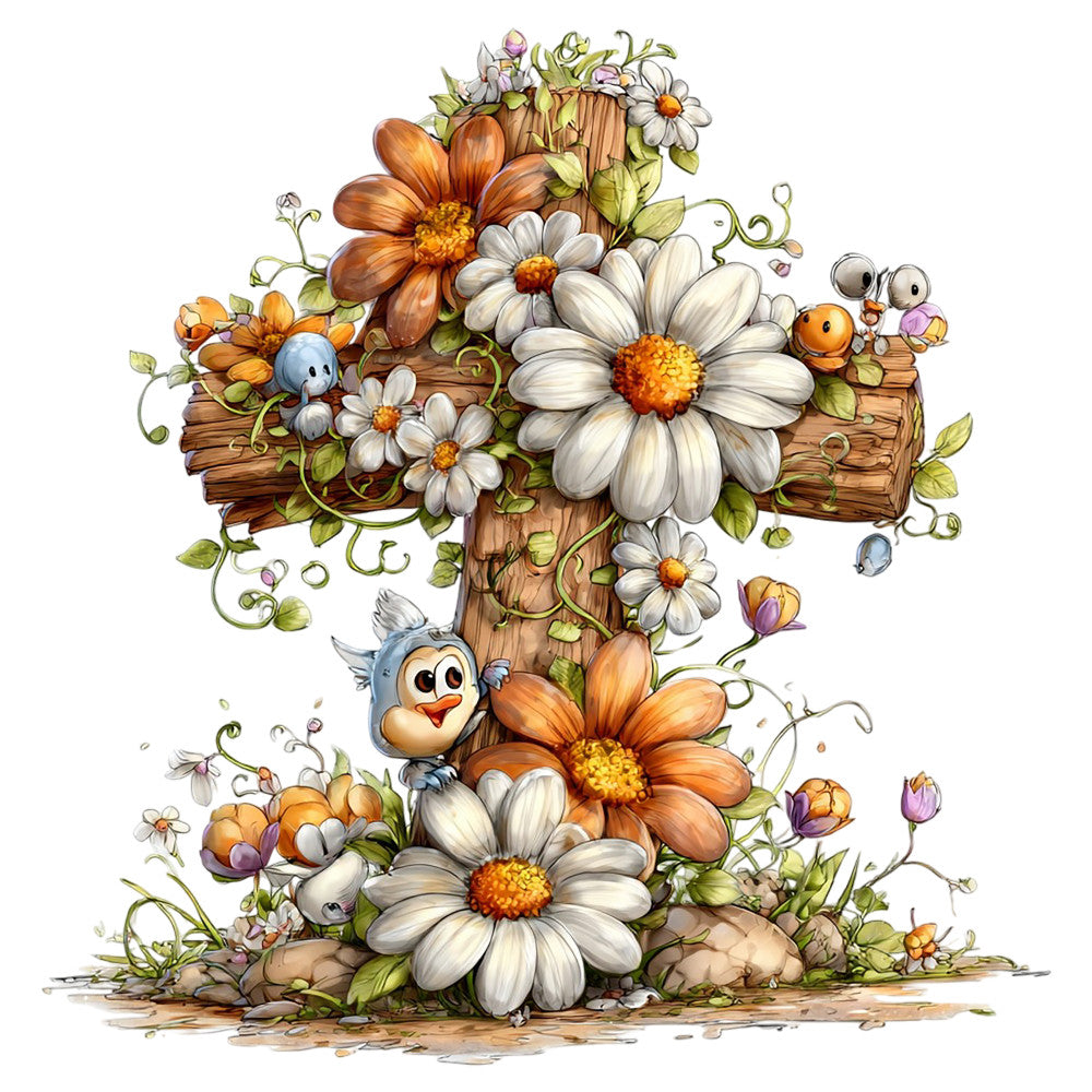floral cross, fabric panel, daisy flowers, orange petals, white petals, yellow centers, cartoon birds, wooden cross, green vines, leaves, brown wood grain, cute characters, whimsical style, religious motif, spring flowers, quilting cotton, cheerful colors, nature design, botanical elements, children's illustration