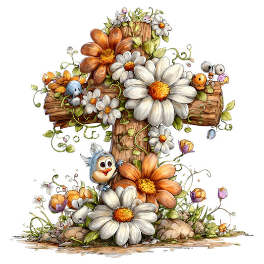 floral cross, fabric panel, daisy flowers, orange petals, white petals, yellow centers, cartoon birds, wooden cross, green vines, leaves, brown wood grain, cute characters, whimsical style, religious motif, spring flowers, quilting cotton, cheerful colors, nature design, botanical elements, children's illustration