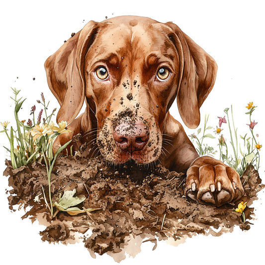 dog, brown, tan, cream, beige, chocolate brown, muddy brown, rust, yellow, floral, nature, animals, dog lovers, sporting dog, pointer, hunting dog, outdoor, garden, flowers, whimsical, playful, realistic, rustic, charming, spring, summer, adorable, cute, children's, pet themed