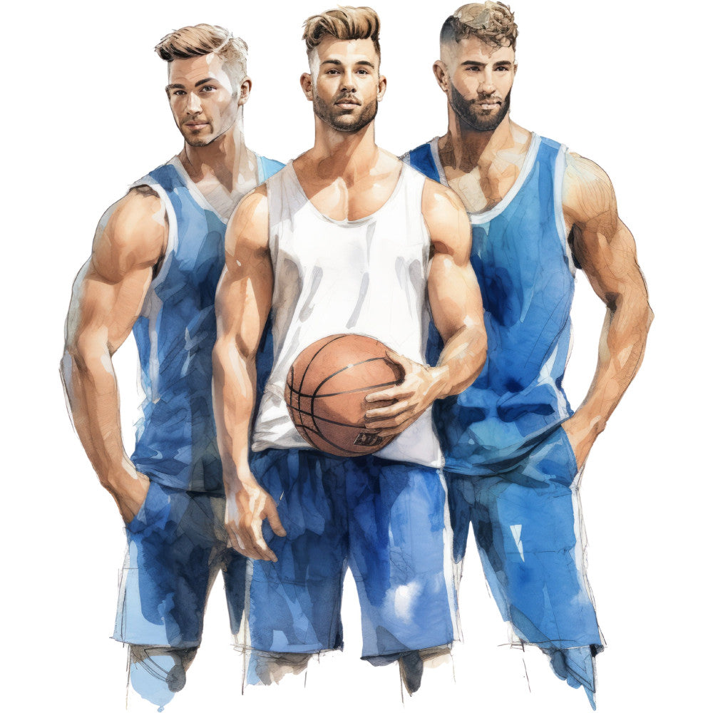 athletic men, basketball, sports, blue, white, tan, beige, muscular figures, contemporary, modern, portrait, realistic illustration, male athletes, team sport, fitness themed, gym wear, casual style, active lifestyle, summer, apparel print, character panel, men's interests, sporty, energetic, recreation themed