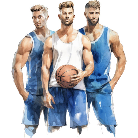 athletic men, basketball, sports, blue, white, tan, beige, muscular figures, contemporary, modern, portrait, realistic illustration, male athletes, team sport, fitness themed, gym wear, casual style, active lifestyle, summer, apparel print, character panel, men's interests, sporty, energetic, recreation themed
