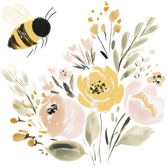 bee, bumblebee, floral, flowers, nature, botanical, yellow, cream, pale pink, blush, sage green, olive green, gold, watercolor, whimsical, spring, summer, garden, wildflowers, insects, pollinator, soft, delicate, elegant, modern botanical, cottage core, nursery, baby, children's, decorative