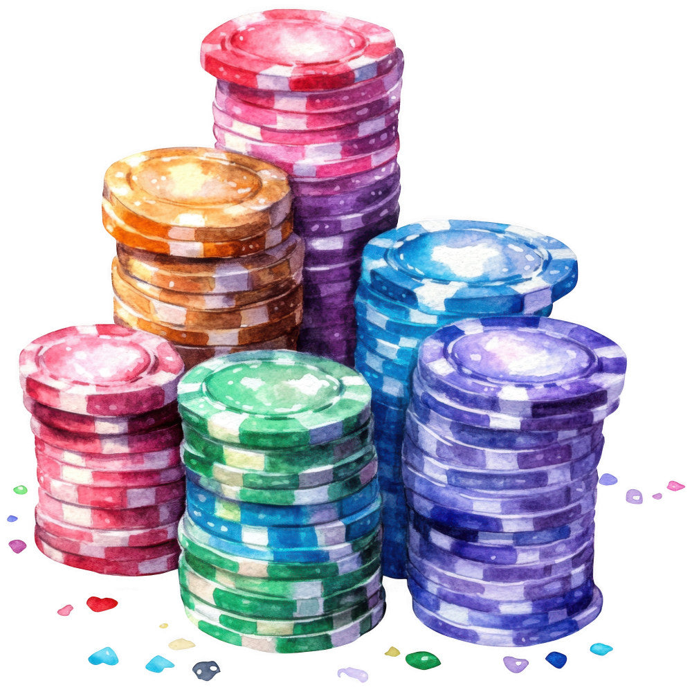 watercolor painting, casino chips, poker chips, gambling theme, stacked chips, red chips, blue chips, green chips, purple chips, orange chips, gaming motif, colorful illustration, fabric panel, quilting cotton, craft material, vibrant colors, entertainment theme, card game accessories, artistic rendering, soft watercolor style
