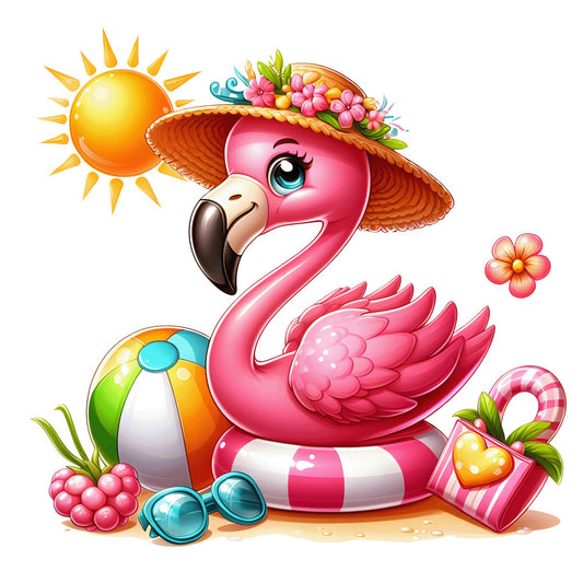flamingo, baby animal, pink, coral, orange, yellow, turquoise, summer hat, tropical flowers, beach ball, life ring, sunglasses, gift box, sun, cartoon style, whimsical, bright colors, fabric panel, quilting cotton, summer theme, beach scene, cute illustration