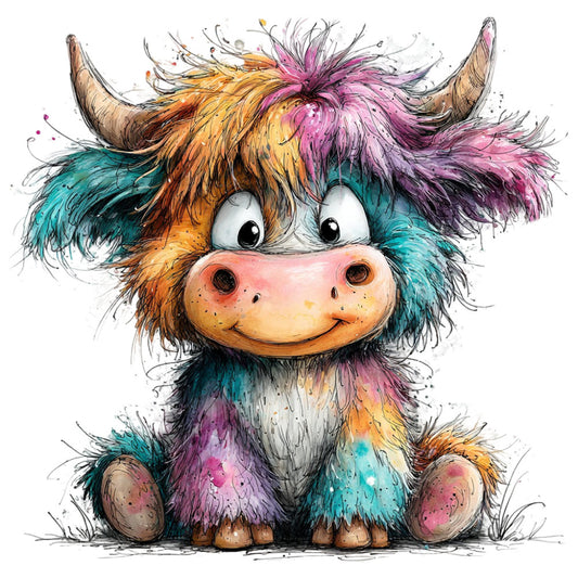 whimsical, highland cattle, colorful, multi-color, teal, pink, purple, orange, golden yellow, watercolor, artistic, children's, cute, smiling animal, horned cow, playful, modern, illustrated, character panel, nursery, baby, cheerful, fantasy animal, mixed colors, pastel blend, paint splatter, expressive eyes, folk art, cottage core