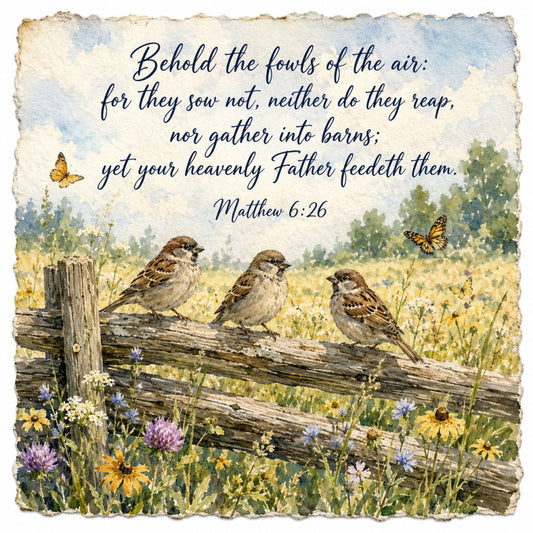 birds, sparrows, butterflies, wildflowers, nature, garden, pastoral, countryside, rustic, farmhouse, vintage, inspirational, scripture, religious, faith, cream, beige, sage green, soft blue, yellow, purple, floral, meadow, landscape, peaceful, tranquil, spring, summer, wall hanging, spiritual
