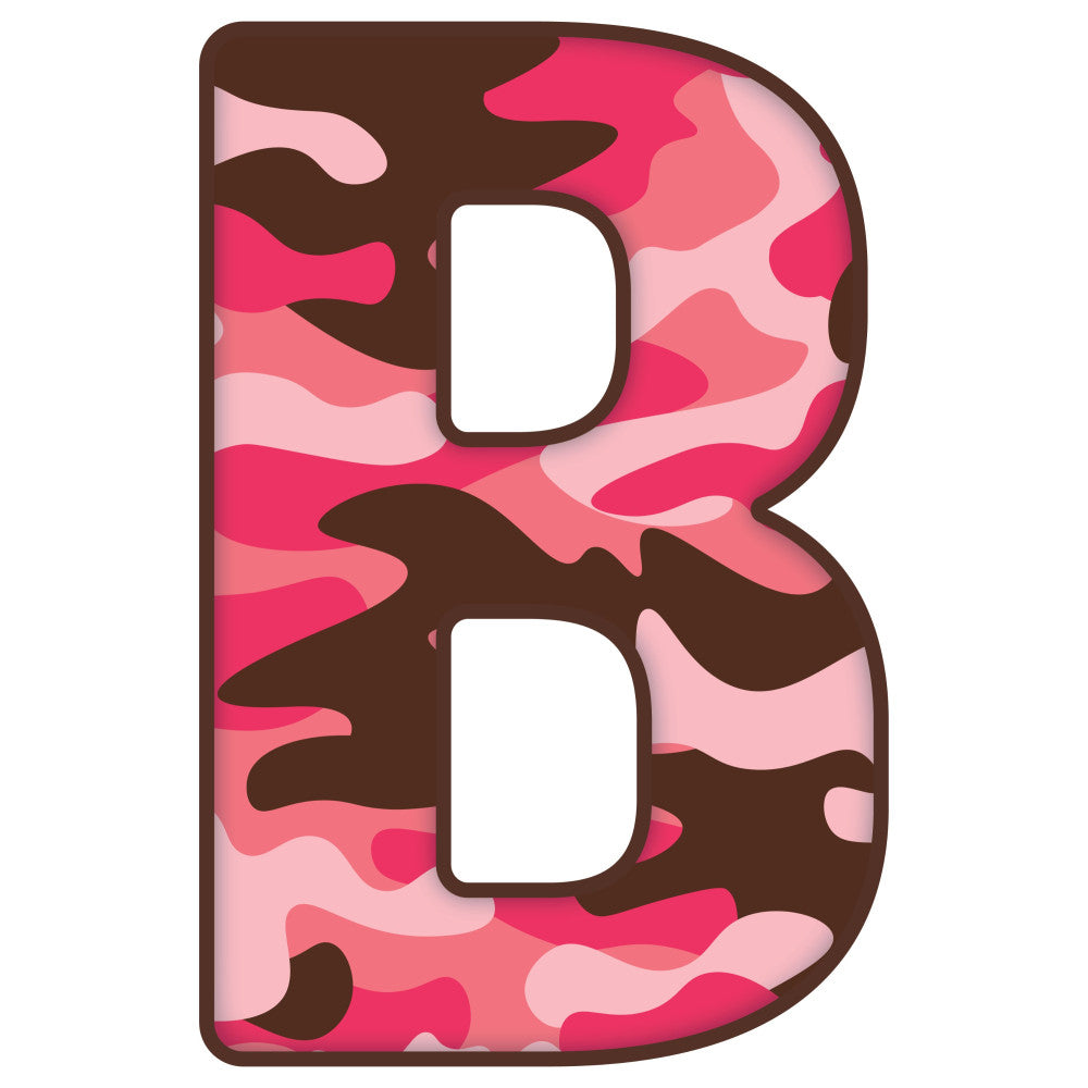 hot pink, coral pink, light pink, dark brown, chocolate brown, camouflage, camo pattern, abstract, modern, playful, whimsical, children, kids, youth, bold, vibrant, contemporary, letter b, monogram, alphabet, animal print style, geometric shapes, curved patterns, contemporary design, fun, energetic, colorful, artistic, trendy
