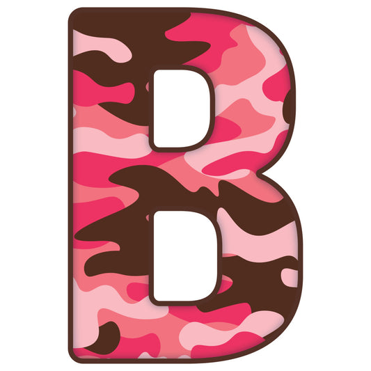 hot pink, coral pink, light pink, dark brown, chocolate brown, camouflage, camo pattern, abstract, modern, playful, whimsical, children, kids, youth, bold, vibrant, contemporary, letter b, monogram, alphabet, animal print style, geometric shapes, curved patterns, contemporary design, fun, energetic, colorful, artistic, trendy