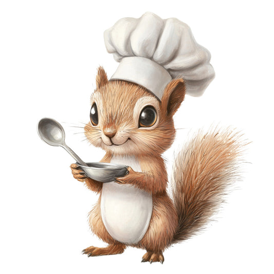 squirrel, chef hat, cooking, kitchen utensils, brown fur, white belly, cute animals, woodland creatures, fabric panel, quilting cotton, whimsical illustration, children's design, adorable characters, ladle, spoon, culinary theme, soft colors, neutral tones, playful mood, cartoon style