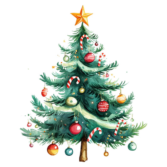 forest green, red, gold, cream, white, ornaments, candy canes, stars, baubles, christmas tree, holiday, christmas, festive, whimsical, traditional, winter, seasonal, decorative, elegant, nostalgic, vintage style, striped, spheres, star topper, evergreen, hand painted, watercolor, artistic, celebration themed