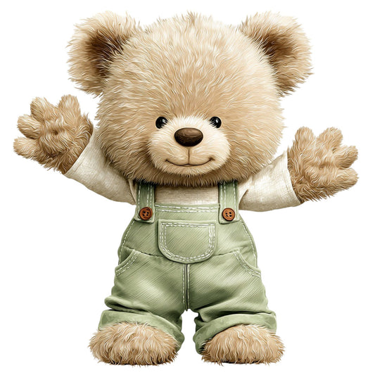 teddy bear, cream, sage green, tan, beige, adorable, cute, whimsical, children's, baby, nursery, animal, toy bear, dressed bear, overalls, vintage style, charming, playful, storybook, illustration, decorative panel, wall hanging, baby quilt, gender neutral, soft colors, classic teddy, childhood, sweet, endearing, buttons